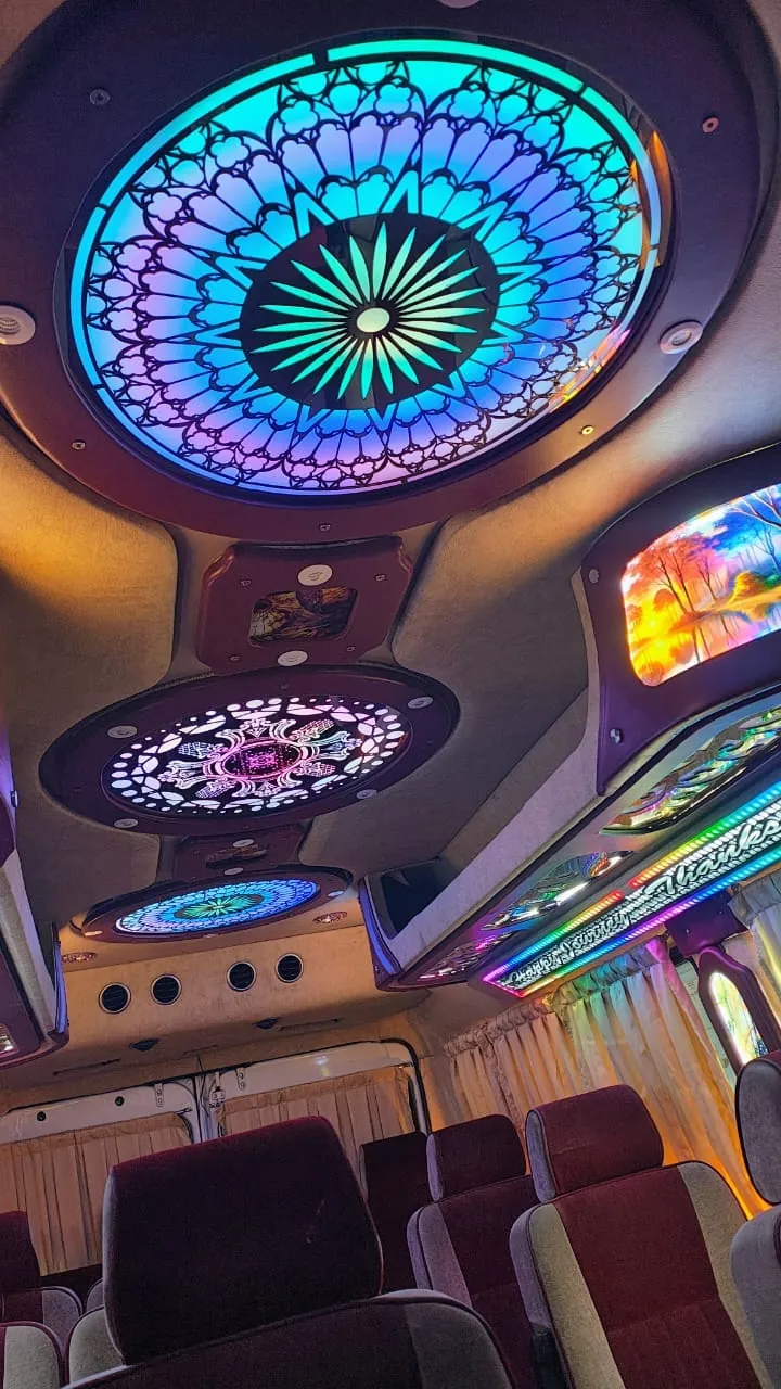 Close-up of the illuminated ceiling design inside the Mayon Traveller